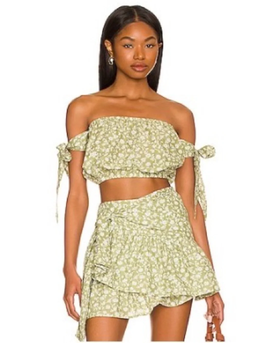 Eberjey Sage Green Floral Off-Shoulder Skirt Set